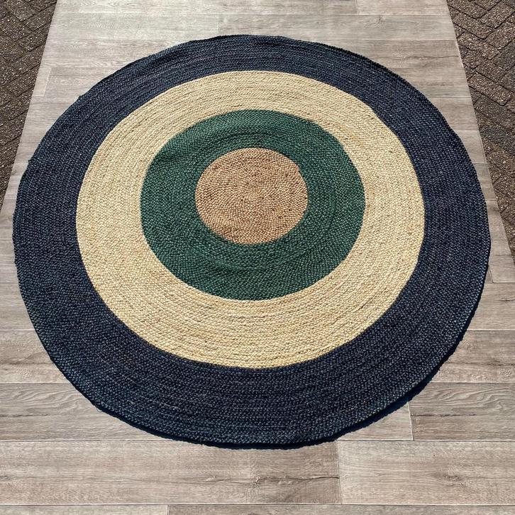 Brinker Jute Dart Teal Navy Rond Vloerkleed - 200x200cm, Huis en Inrichting, Stoffering | Tapijten en Kleden, Zo goed als nieuw