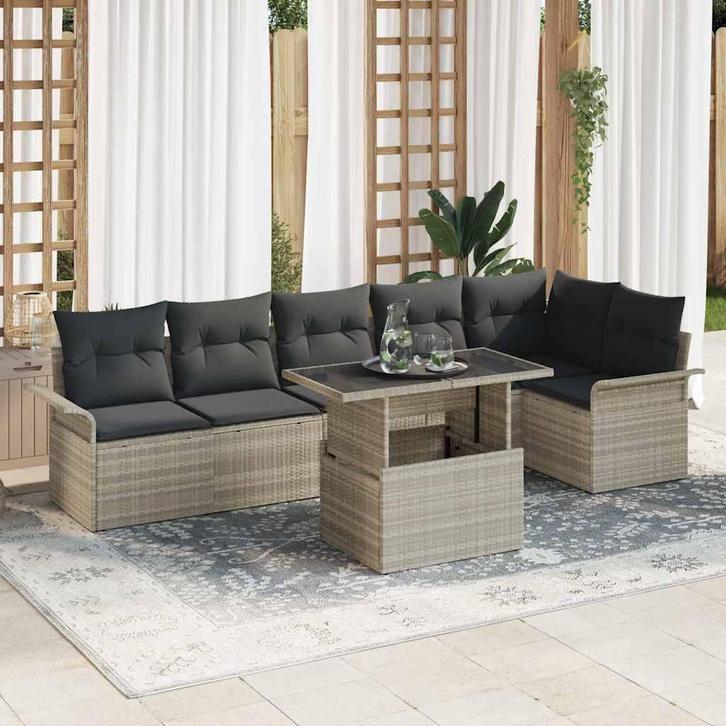vidaXL Tuin Sofa Set met kussen 7 pcs Lichtgrijs poly rattan, Tuin en Terras, Tuinsets en Loungesets, Nieuw, Rotan, Verzenden