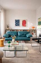 Vintage Italiaans design bank blauw leer, Huis en Inrichting, Gebruikt, Driepersoons, Rechte bank, 200 tot 250 cm