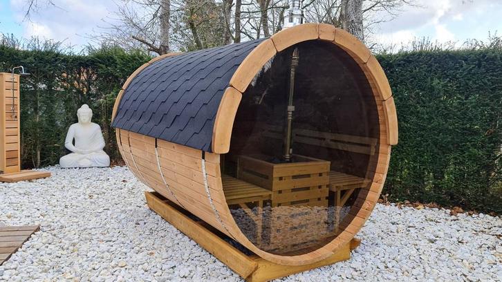 Buitensauna aanbieding l Barrel Sauna - Ton Sauna Thermowood, Sport en Fitness, Sauna, Fins of Traditioneel, Complete sauna, Nieuw