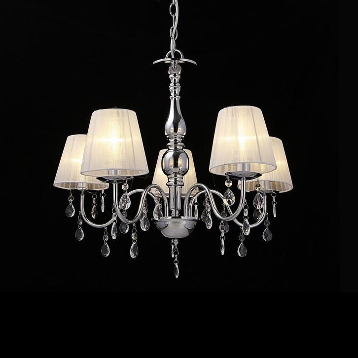 Kroonluchter 5-armig Isabelle met kristallen chroom wit 5xE1, Huis en Inrichting, Lampen | Kroonluchters, Verzenden
