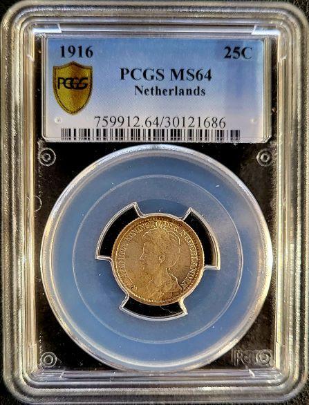 Koningin Wilhelmina 25 cent 1916 MS64 PCGS gecertificeerd, Postzegels en Munten, Munten | Nederland, Losse munt, 25 cent, Koningin Wilhelmina