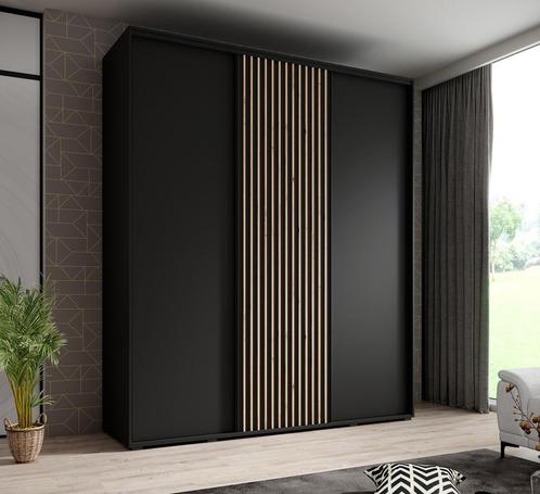 Kledingkast 200cm zwart Schuifdeuren Latjes - Garderobekast, Huis en Inrichting, Kasten | Vitrinekasten, 50 tot 75 cm, Nieuw, 200 cm of meer