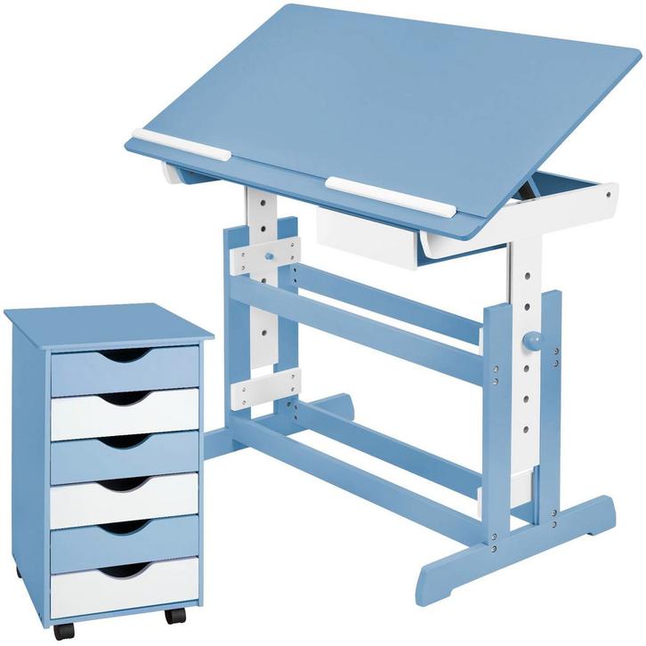 Bureau in hoogte verstelbaar en verrijdbare ladekast - blauw, Huis en Inrichting, Bureaus, Verzenden