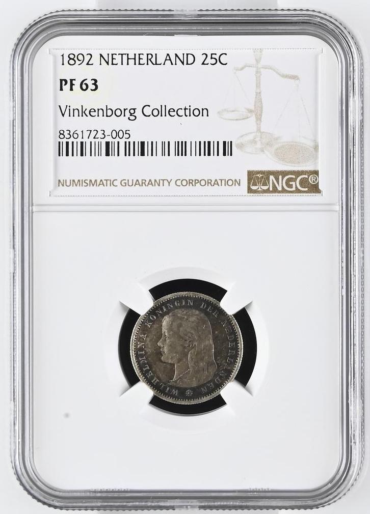 Koningin Wilhelmina 25 cent 1892 Proof PF63 NGC Ex, Postzegels en Munten, Munten | Nederland, Losse munt, 25 cent, Koningin Wilhelmina