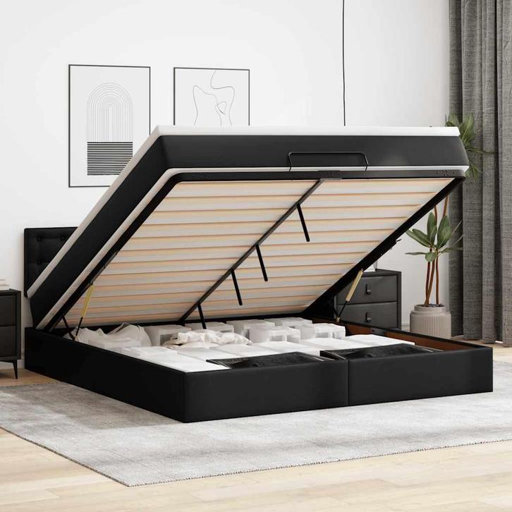 vidaXL Bed poef met matrassen en LEDs 180x200cm kunstleer, Huis en Inrichting, Slaapkamer | Bedden, 80 cm, 200 cm, Zwart, Eenpersoons
