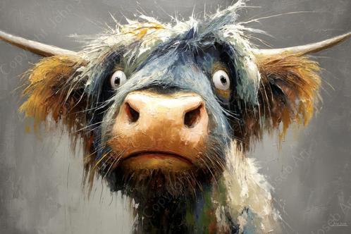 John Joseb schilderij grappige koe,stier, Schotse Hooglander, Huis en Inrichting, Woonaccessoires | Schilderijen, Tekeningen en Foto's