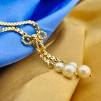 Gouden fantasie schakel ketting met vaste hanger; parel |..., Ophalen of Verzenden, Gebruikt, Overige kleuren, Goud