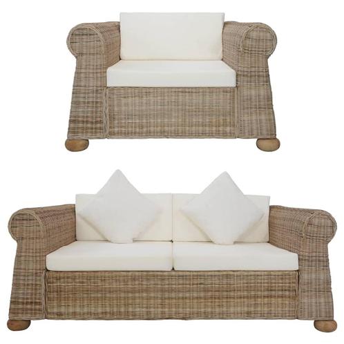 vidaXL 2-delig Bankstel met kussens natuurlijk rattan, Huis en Inrichting, Banken | Bankstellen, Nieuw, 150 tot 200 cm, Riet of Rotan