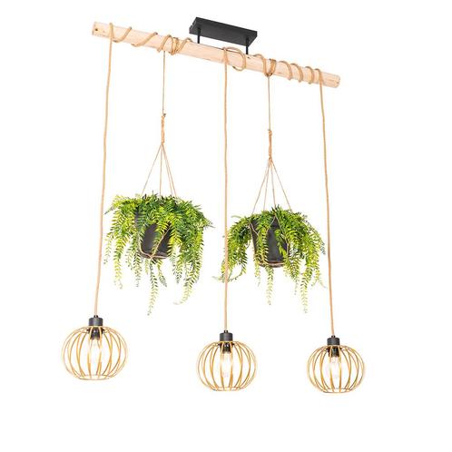 Landelijke hanglamp goud met hout 3-lichts - Yura, Huis en Inrichting, Lampen | Hanglampen, Nieuw, Overige materialen, 75 cm of meer