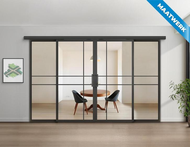 Dubbele stalen Schuifdeuren met koofsysteem en glaspanelen 6, Doe-het-zelf en Verbouw, Kozijnen en Schuifpuien, Nieuw, Inclusief glas