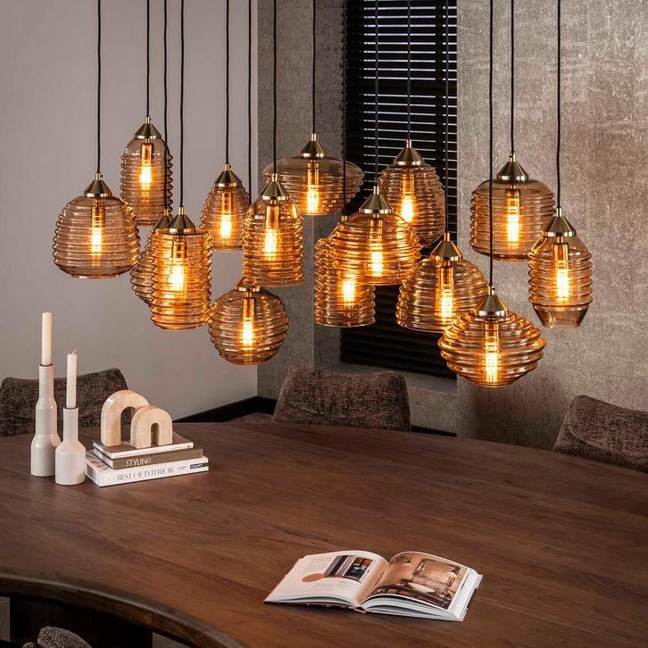 *WOONWINKEL* Grote Eettafel Hanglamp Amber Glas, Huis en Inrichting, Lampen | Hanglampen, Nieuw, Verzenden