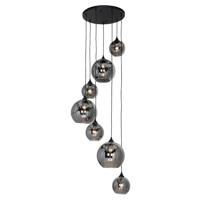 Art deco hanglamp zwart met smoke glas rond 7-lichts -, Huis en Inrichting, Lampen | Hanglampen, Nieuw, Glas, 75 cm of meer