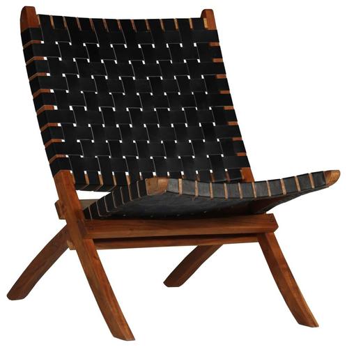 vidaXL Klapstoel gekruiste strepen echt leer zwart, Huis en Inrichting, Stoelen, Zwart, Nieuw, Verzenden