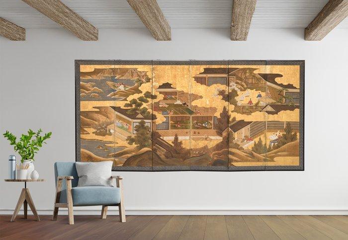 Byôbu  (vouwscherm) - Goudblad, Hout, Zijde, Papier -, Antiek en Kunst, Antiek | Overige Antiek