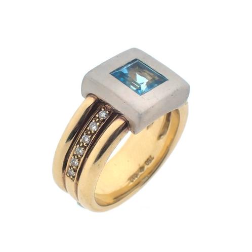 18 Krt. Bicolor gouden ring met topaas en diamanten | 0,1..., Sieraden, Tassen en Uiterlijk, Ringen, Dame, Met edelsteen, Overige kleuren