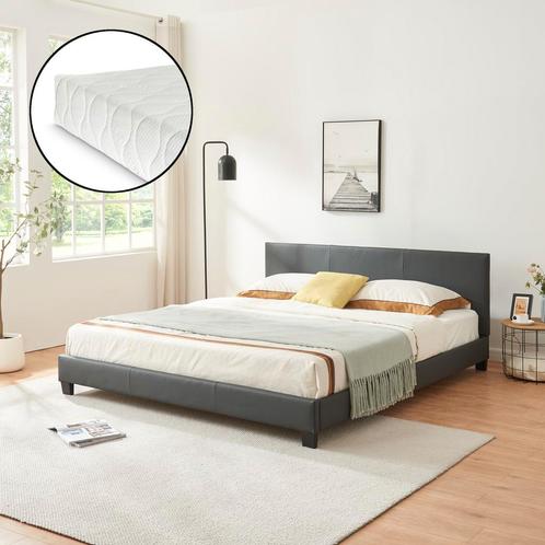 Aron Bedframe kunstleer en matras 180x200 donkergrijs, Huis en Inrichting, Slaapkamer | Bedden, Verzenden