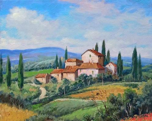 Domenico Ronca (1964) - The hill of poppies - Tuscany, Antiek en Kunst, Kunst | Schilderijen | Klassiek