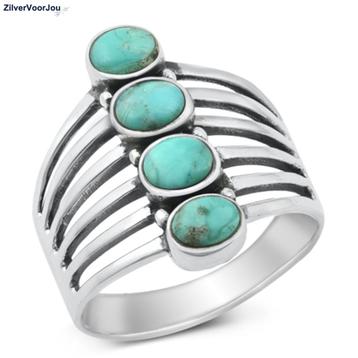 Zilveren grote natuurlijke turquoise ring met 4 stenen