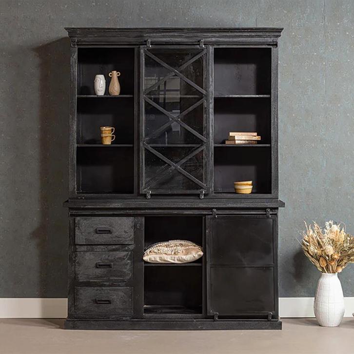 Buffetkast Mangohout Milan 160 X Zwart, Huis en Inrichting, Kasten | Buffetkasten, 150 tot 200 cm, 25 tot 50 cm, Nieuw, Overige houtsoorten