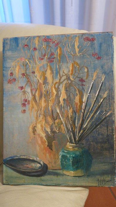 Gennaro Favai (1879-1958) - Natura Morta vaso con pennelli, Antiek en Kunst, Kunst | Schilderijen | Klassiek