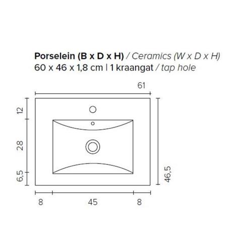 Badkamermeubel Boss & Wessing Pepper Wastafel Porselein Met, Huis en Inrichting, Badkamer | Badkamermeubels, Ophalen of Verzenden
