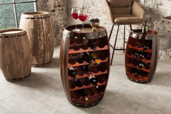 Massief wijnrek BODEGA 80cm koffiebruin grenen vat bartafel, Huis en Inrichting, Woonaccessoires | Wijnrekken, Ophalen of Verzenden