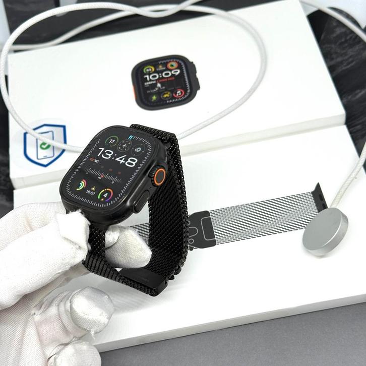 Apple Watch Ultra 2 zwart Milanese /krasvrij /100% batt /gar, Sieraden, Tassen en Uiterlijk, Smartwatches, iOS, Waterdicht, Zwart