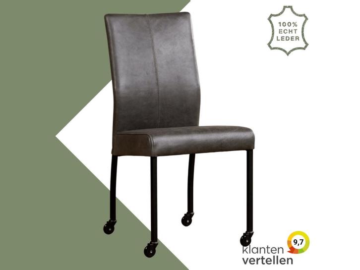 Leren eetkamerstoel Comfort met wieltjes - Vintage Grey, Huis en Inrichting, Stoelen, Eén, Grijs, Nieuw, Leer, Ophalen of Verzenden
