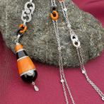 Witgouden ketting met vaste hanger met onyx, bloedkoraal..., Sieraden, Tassen en Uiterlijk, Kettingen, Gebruikt, Overige kleuren