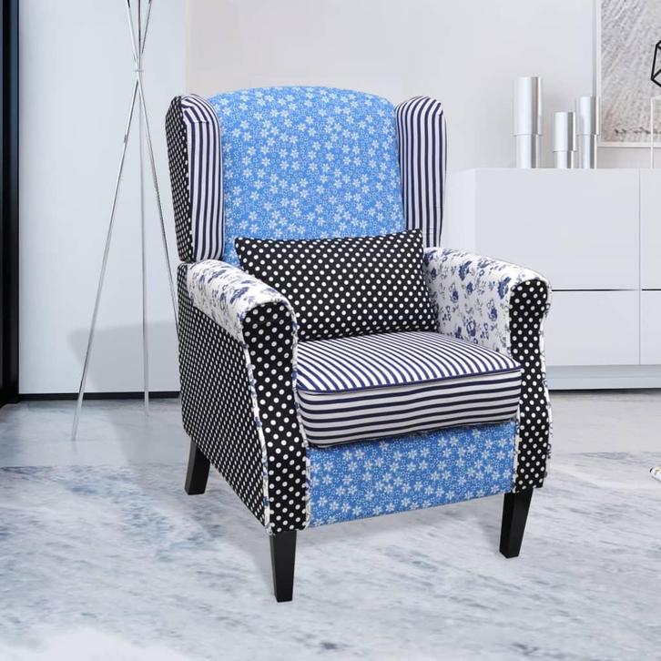 vidaXL Fauteuil met patchwork stof blauw/grijs, Huis en Inrichting, Fauteuils, Nieuw, Verzenden