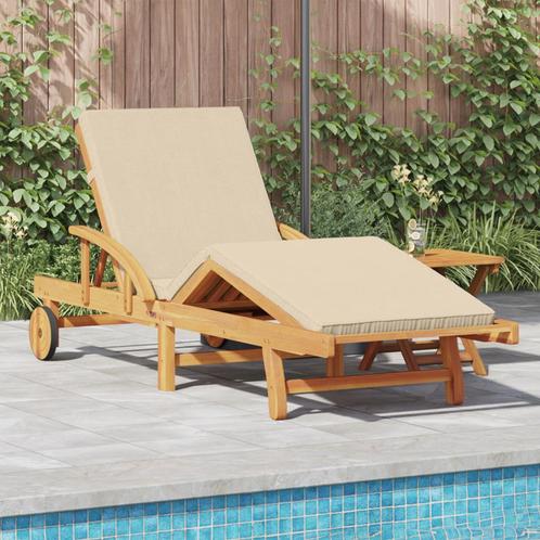 vidaXL Ligstoel met kussen en tafel massief acaciahout beige, Tuin en Terras, Ligbedden, Nieuw, Verzenden