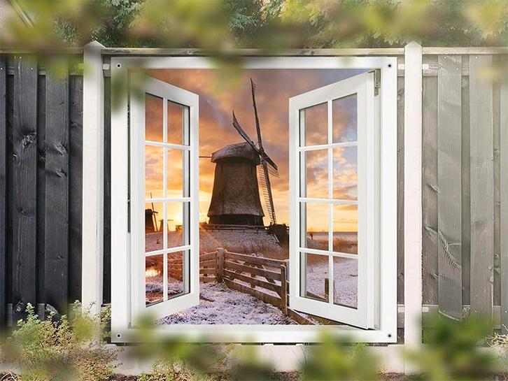 NR 1424: Tuinposter doorkijkje molen 180x180cm, Tuin en Terras, Tuinwanddecoratie, Nieuw