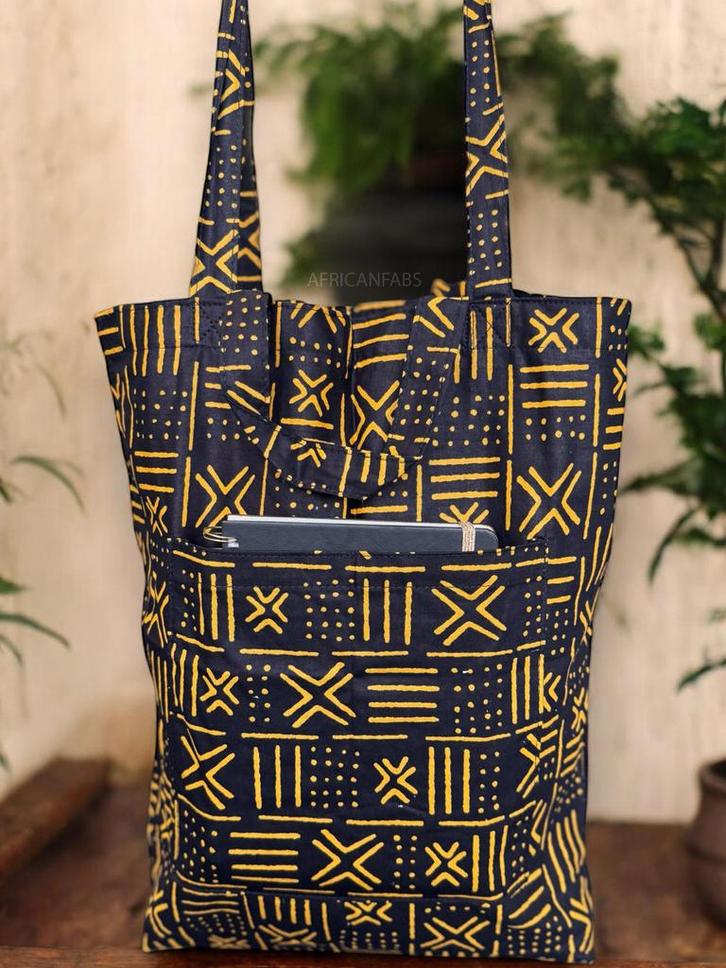 Shopper tas met Afrikaanse print - Zwart Gele X Bogolan - He, Sieraden, Tassen en Uiterlijk, Tassen | Damestassen, Nieuw, Ophalen of Verzenden