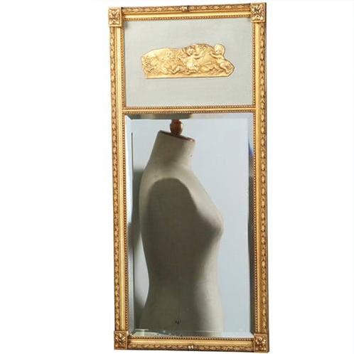Gave korte damspiegel in goud met grijsgroen paneel ca 1920, Antiek en Kunst, Antiek | Spiegels, Ophalen of Verzenden