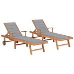 vidaXL Ligbedden 2 st met grijze kussens massief teakhout, Tuin en Terras, Ligbedden, Verzenden, Nieuw