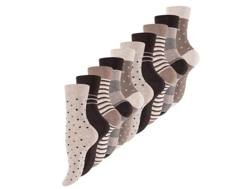 10 paar Damessokken - Dots Stripes - Bruin/Beige-mix, Kleding | Dames, Sokken en Kousen, Verzenden