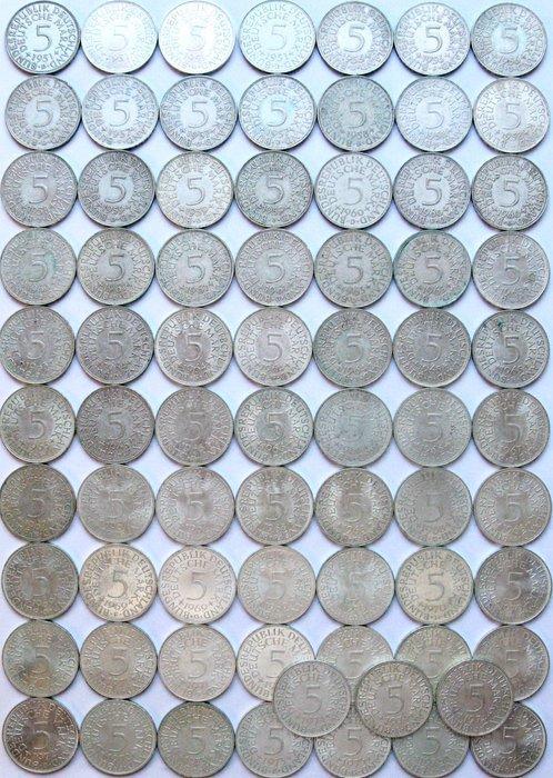 Duitsland. 5 Deutsche Mark 73x 1951-1974 including 1958-J, Postzegels en Munten, Munten | Europa | Niet-Euromunten
