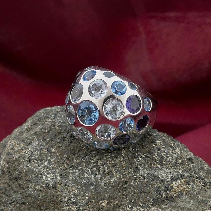 Witgouden gebolde ring met aquamarijn en Amethist, Sieraden, Tassen en Uiterlijk, Ringen, Dame, Met edelsteen, Overige kleuren