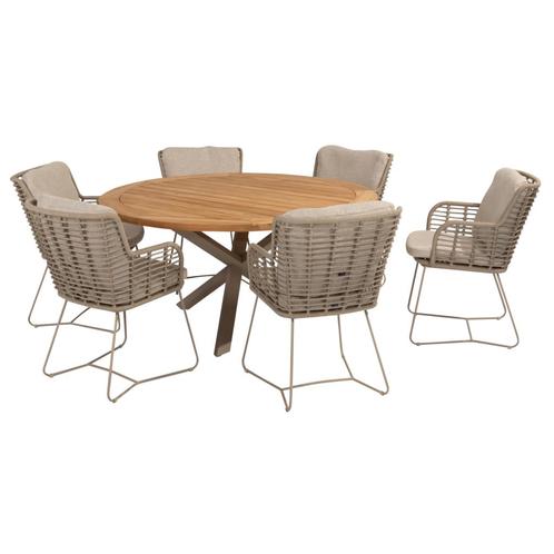 Prado Fabrice dining tuinset 7 delig 160 cm rond teak latte, Tuin en Terras, Tuinsets en Loungesets, Nieuw, Ophalen of Verzenden