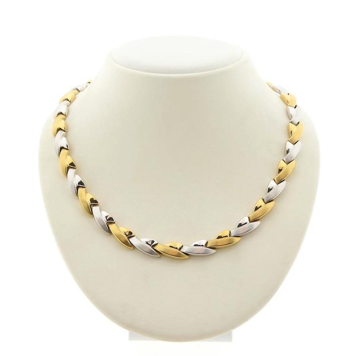 Bicolor gouden fantasie schakel collier | 44 cm (witgoud), Sieraden, Tassen en Uiterlijk, Kettingen, Overige kleuren, Gebruikt