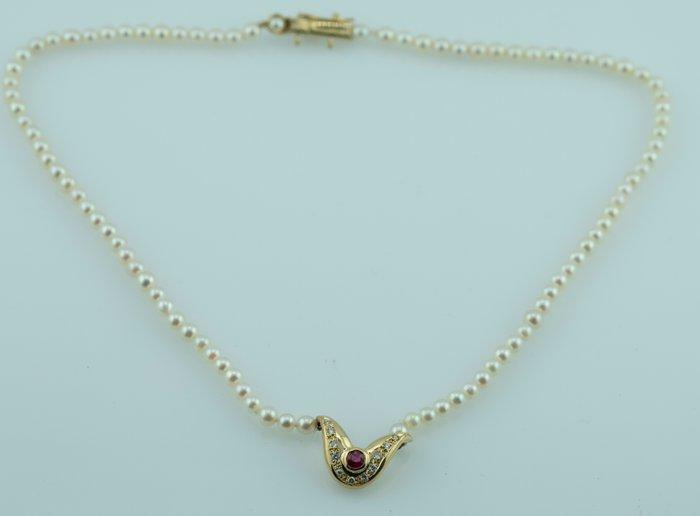 Halsketting - 18 karaat Geel goud Parel - Robijn, Sieraden, Tassen en Uiterlijk, Kettingen