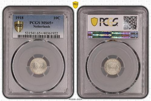 Koningin Wilhelmina 10 cent 1918 MS65+ PCGS gecertificeerd, Postzegels en Munten, Munten | Nederland, Losse munt, Zilver, Verzenden