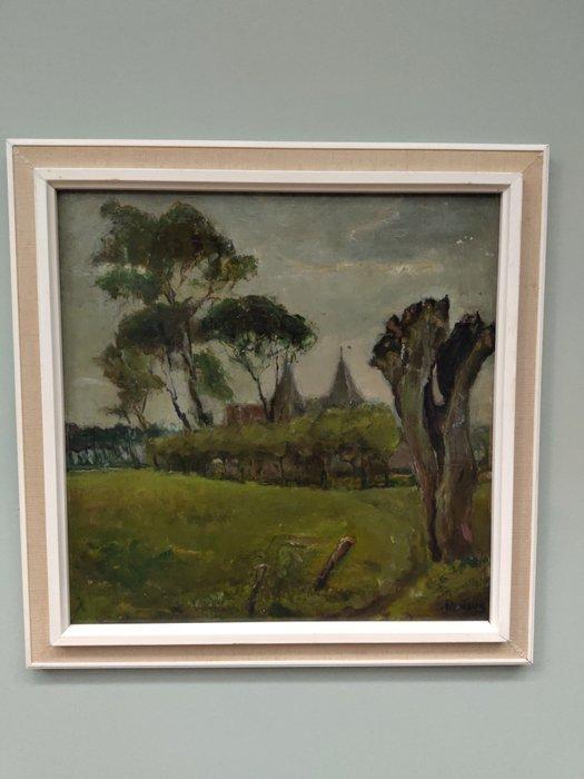 Hollandse school (XX) - Dorpsgezicht met knotwilg, Antiek en Kunst, Kunst | Schilderijen | Klassiek