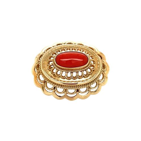 Gouden broche met bloedkoraal 14 krt, Sieraden, Tassen en Uiterlijk, Broches, Nieuw, Ophalen of Verzenden