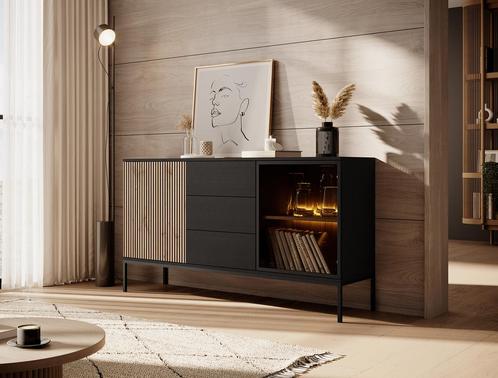 Meubella | Dressoir mat zwart 154x39x83cm met LED, Huis en Inrichting, Kasten | Dressoirs, 25 tot 50 cm, Nieuw, 150 tot 200 cm