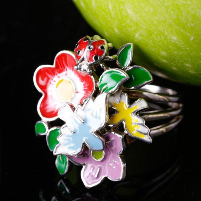 Zilveren emaille ring – Betoverde tuin met gelukskoekje -, Antiek en Kunst, Curiosa en Brocante