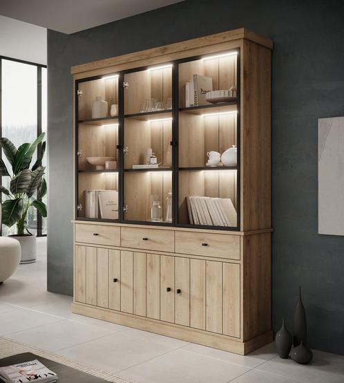 Meubella | Buffetkast eiken 182cm - Vitrinekast met LED, Huis en Inrichting, Kasten | Buffetkasten, 25 tot 50 cm, Nieuw, 200 cm of meer