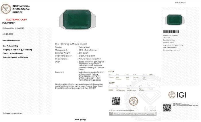 Ring Platina - 6.55ct. tw. Smaragd, Sieraden, Tassen en Uiterlijk, Ringen