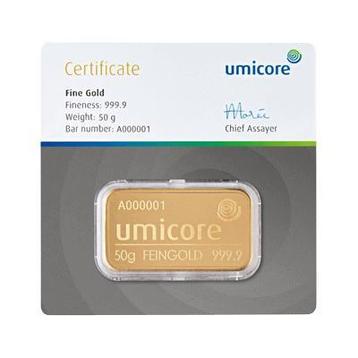 Umicore goudbaar 50 gram (LBMA certificaat)